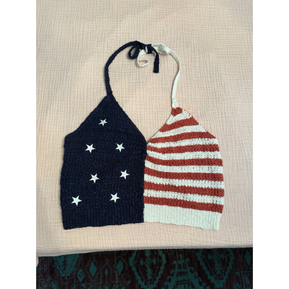 American Eagle Halter Top Size M Knit Crop Flag Patriotic Festival Hippie Boho